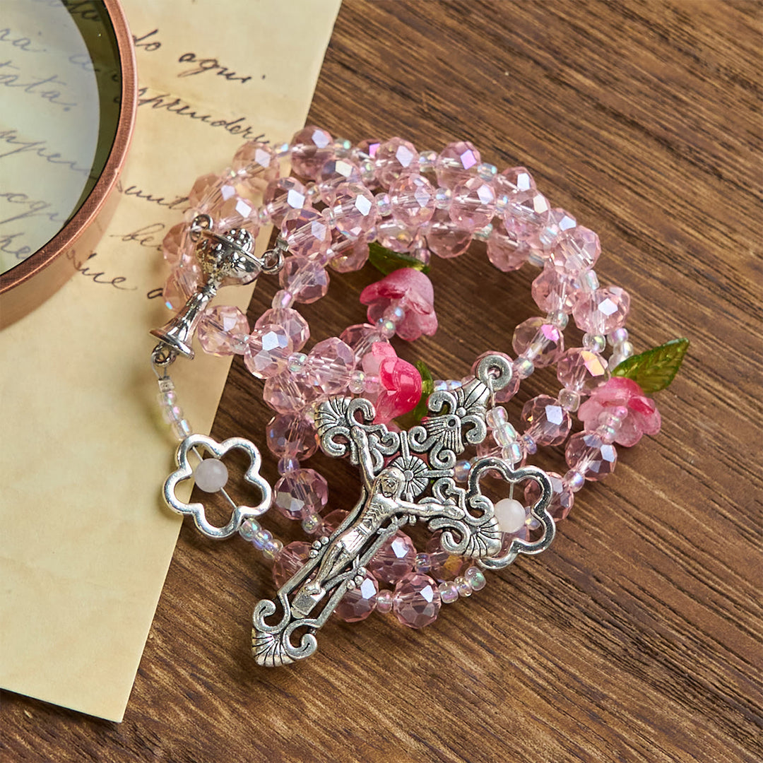 FREE Today: Elegant Pink Crystal Rosary with 3D Rose Beads, Silver Chalice Medal & Crucifix: Embrace Divine Grace