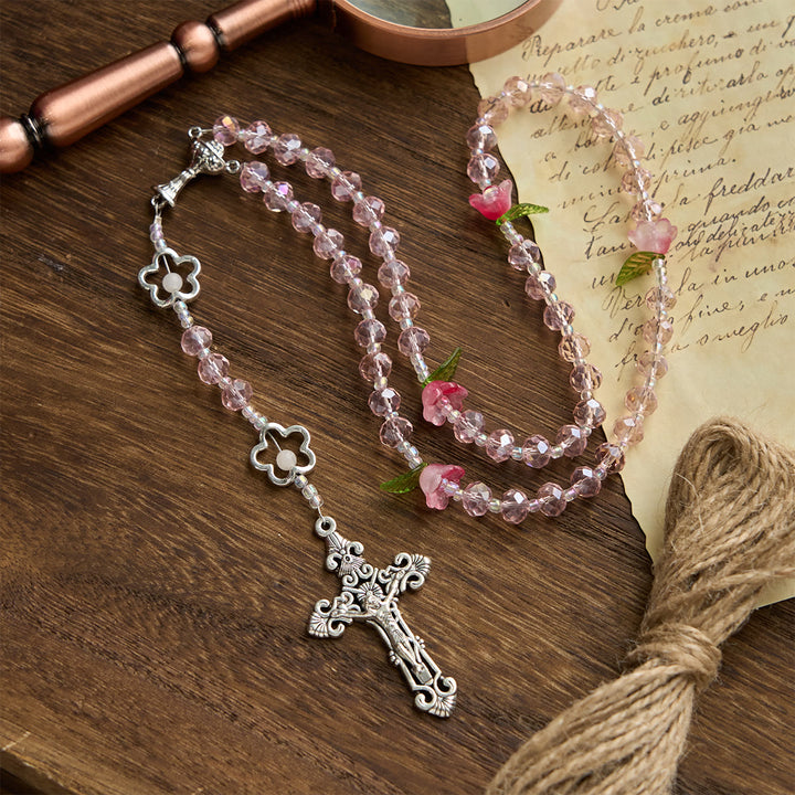 FREE Today: Elegant Pink Crystal Rosary with 3D Rose Beads, Silver Chalice Medal & Crucifix: Embrace Divine Grace