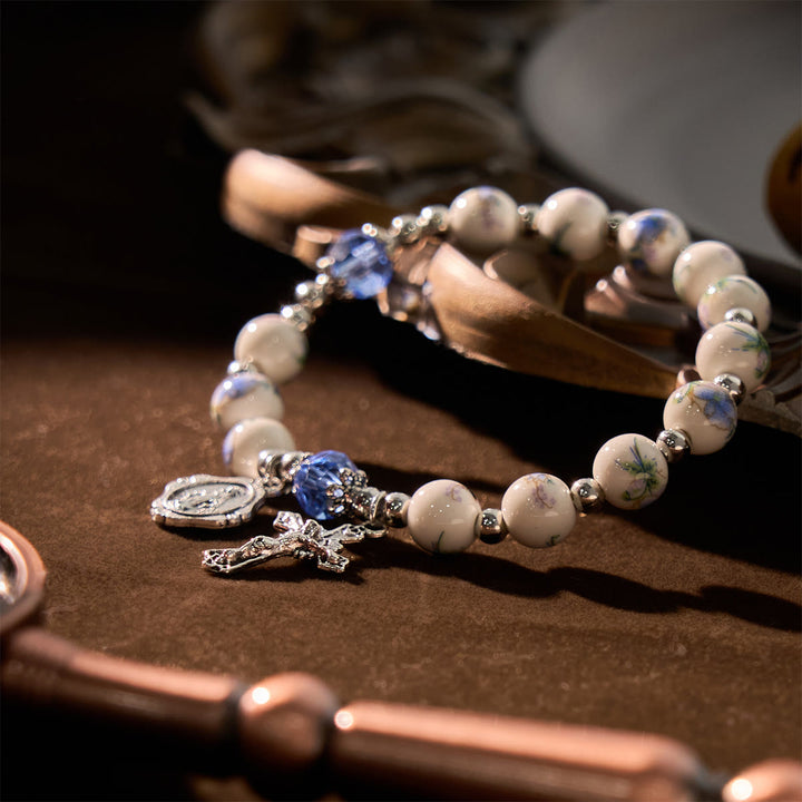FREE Today: Multi-color Floral Ceramic Stretch Bracelet with Miraculous Medal & Crucifix: Subtle Faith Elegance