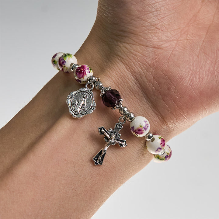 FREE Today: Multi-color Floral Ceramic Stretch Bracelet with Miraculous Medal & Crucifix: Subtle Faith Elegance