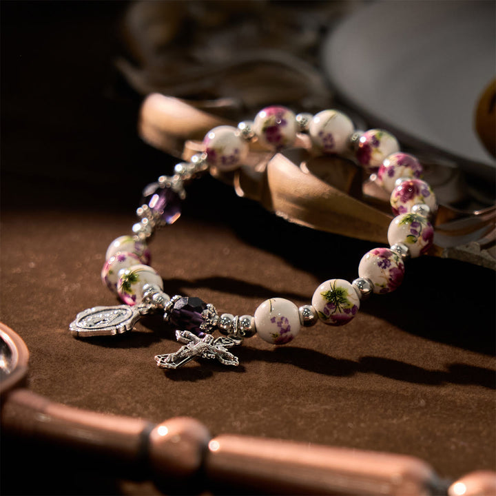 FREE Today: Multi-color Floral Ceramic Stretch Bracelet with Miraculous Medal & Crucifix: Subtle Faith Elegance