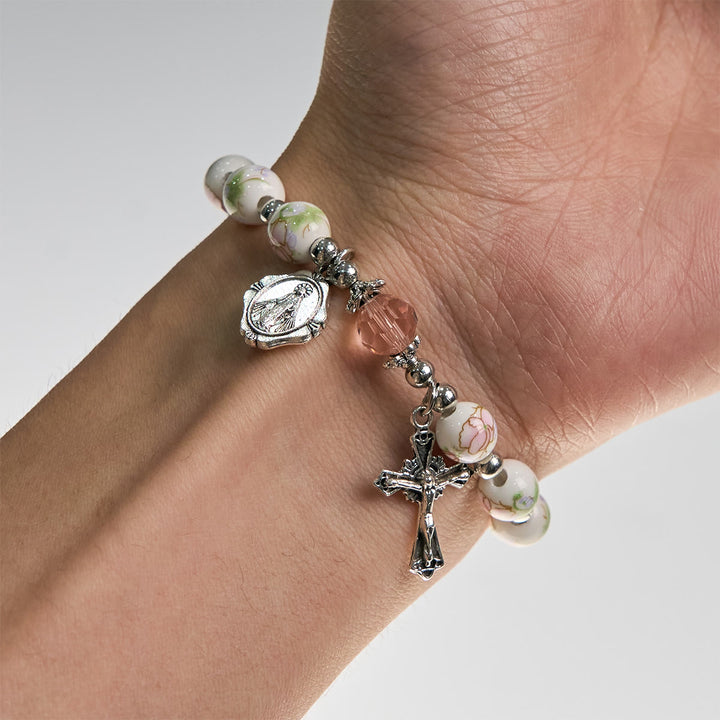FREE Today: Multi-color Floral Ceramic Stretch Bracelet with Miraculous Medal & Crucifix: Subtle Faith Elegance