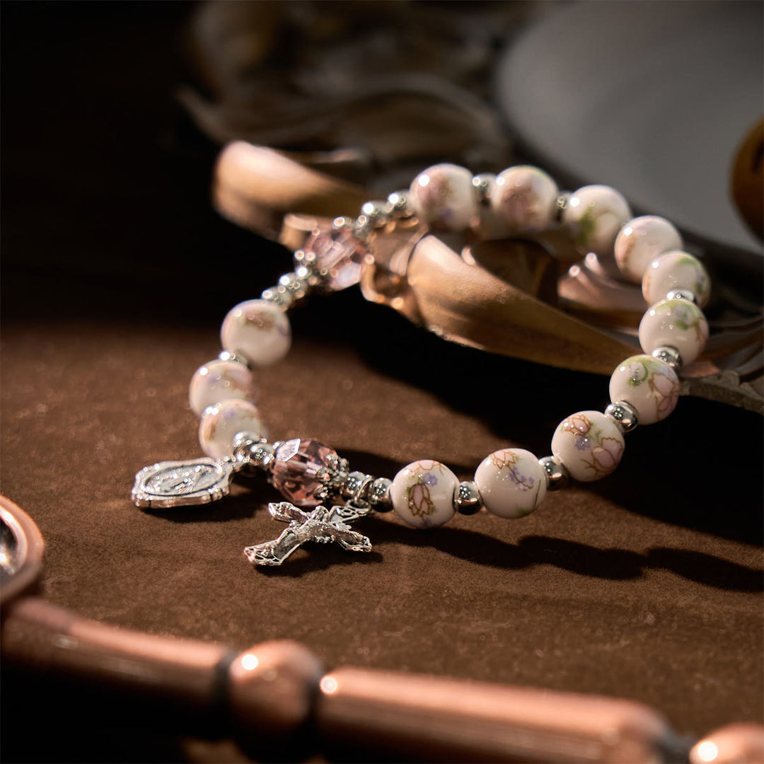 FREE Today: Multi-color Floral Ceramic Stretch Bracelet with Miraculous Medal & Crucifix: Subtle Faith Elegance