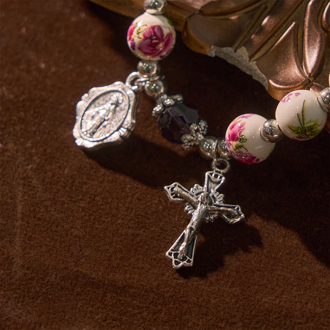 FREE Today: Multi-color Floral Ceramic Stretch Bracelet with Miraculous Medal & Crucifix: Subtle Faith Elegance