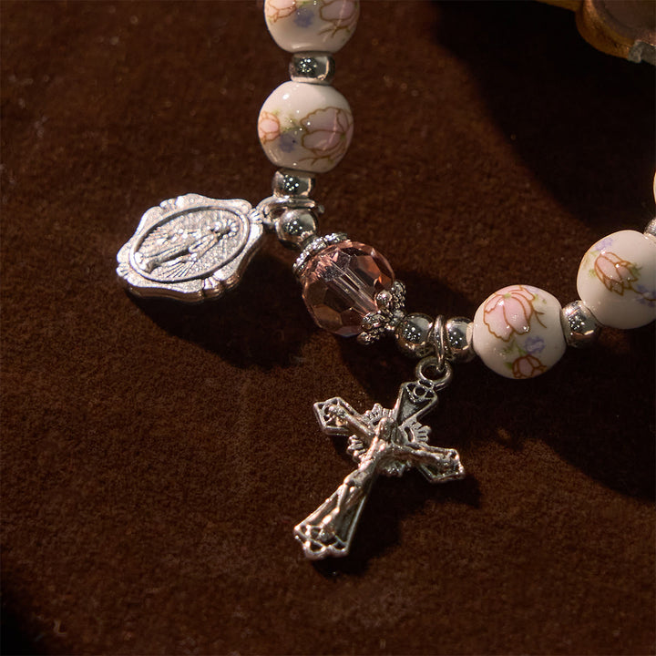 FREE Today: Multi-color Floral Ceramic Stretch Bracelet with Miraculous Medal & Crucifix: Subtle Faith Elegance