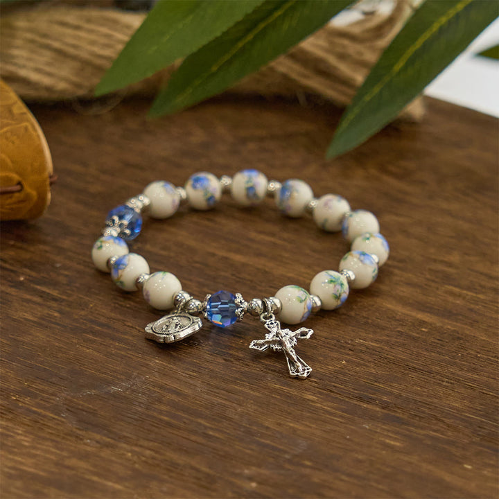 FREE Today: Multi-color Floral Ceramic Stretch Bracelet with Miraculous Medal & Crucifix: Subtle Faith Elegance