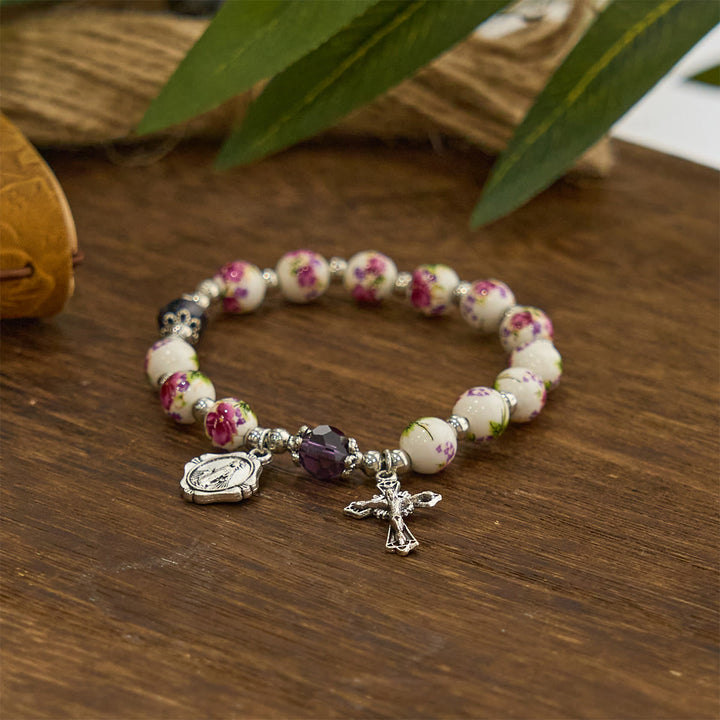 FREE Today: Multi-color Floral Ceramic Stretch Bracelet with Miraculous Medal & Crucifix: Subtle Faith Elegance