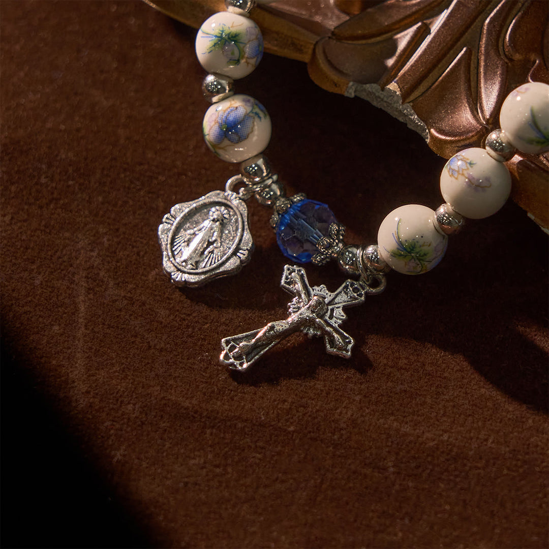 FREE Today: Multi-color Floral Ceramic Stretch Bracelet with Miraculous Medal & Crucifix: Subtle Faith Elegance