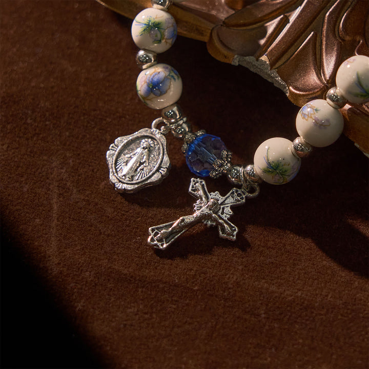 FREE Today: Multi-color Floral Ceramic Stretch Bracelet with Miraculous Medal & Crucifix: Subtle Faith Elegance