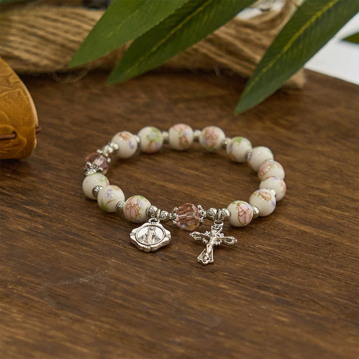 FREE Today: Multi-color Floral Ceramic Stretch Bracelet with Miraculous Medal & Crucifix: Subtle Faith Elegance