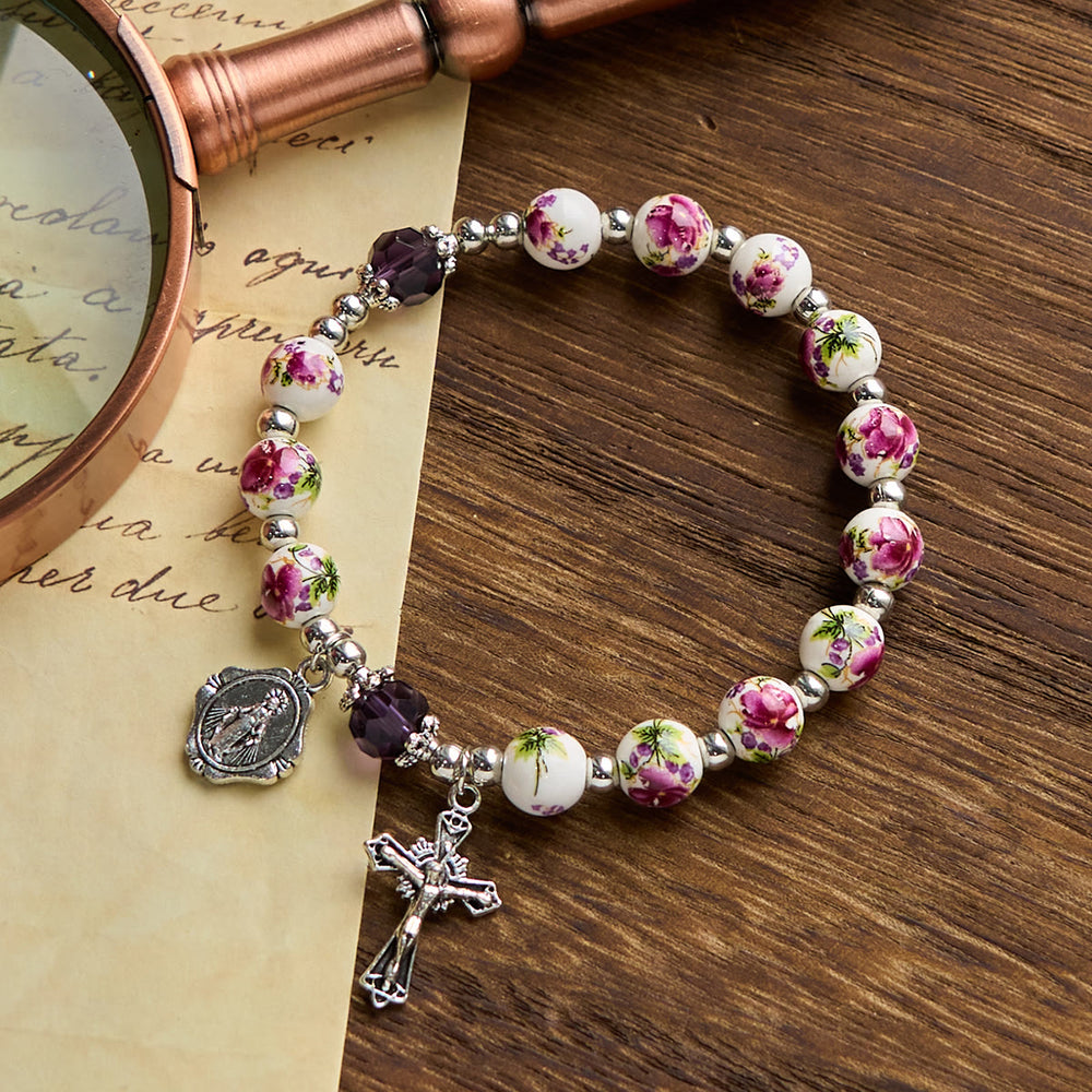 Christianartworkshop Multi-color Floral Ceramic Stretch Bracelet with Miraculous Medal & Crucifix: Subtle Faith Elegance - Rose - image 2