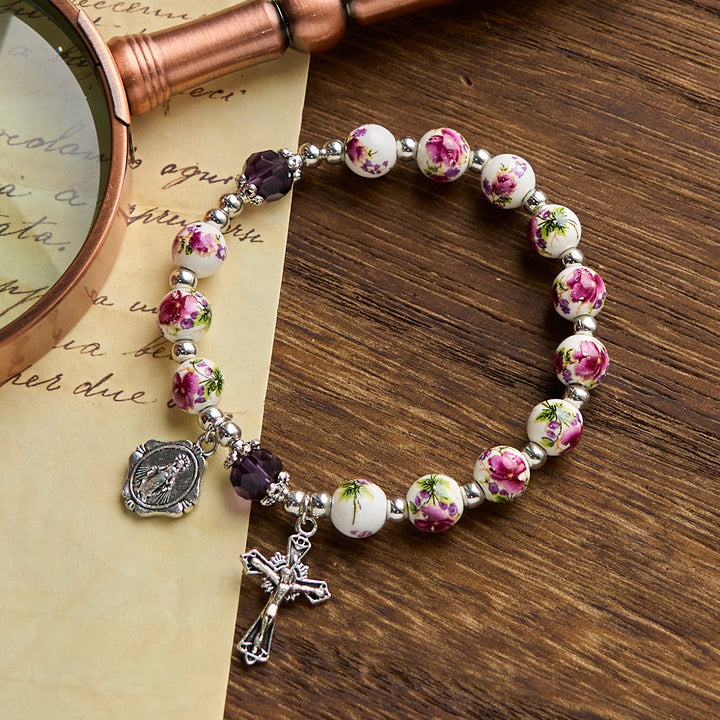 FREE Today: Multi-color Floral Ceramic Stretch Bracelet with Miraculous Medal & Crucifix: Subtle Faith Elegance