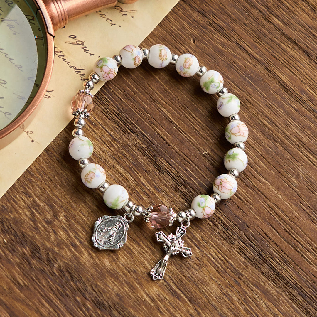 FREE Today: Multi-color Floral Ceramic Stretch Bracelet with Miraculous Medal & Crucifix: Subtle Faith Elegance