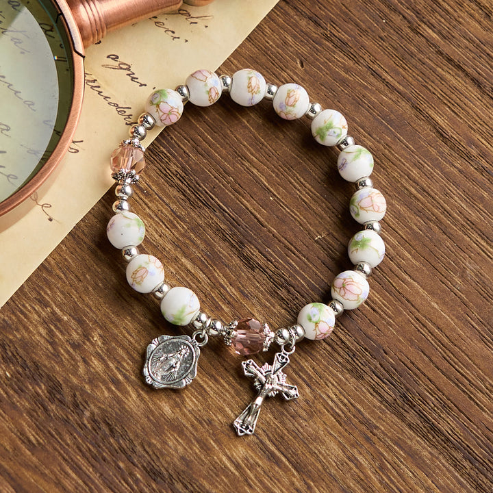 FREE Today: Multi-color Floral Ceramic Stretch Bracelet with Miraculous Medal & Crucifix: Subtle Faith Elegance