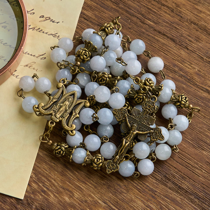 Christianartworkshop PRAYERFUL FAITH: Handmade Rosary with Light Blue Jade Beads and Brass with Gift Card - image 11