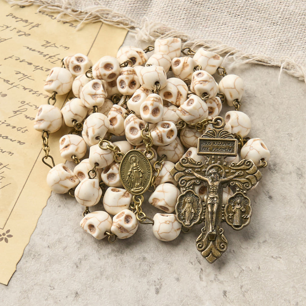 Christianartworkshop Saint Benedict & Crucifix of 8 mm White Pine Skull Alloy Chain Rosary Necklace  - image 2