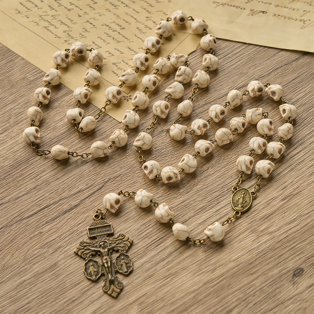 Saint Benedict Skull Rosary Necklace – 8mm White Pine Beads