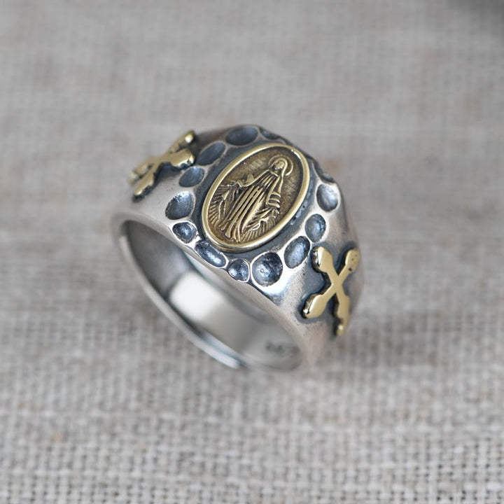 Christianartworkshop 925 Sterling Silver Retro Style Virgin Mary Blessing Badge Religious Ring - 925 Sterling Silver - image 1