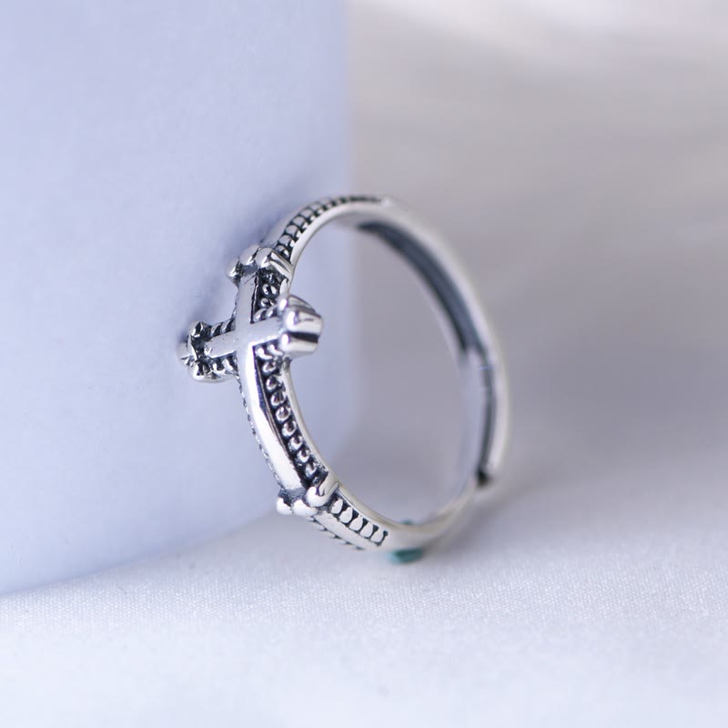 Christianartworkshop Minimalist 925 Silver Cross Ring with Ornate Rope Patterns: Enduring Symbol of Spiritual Bond - 925 Sterling Silver - image 1