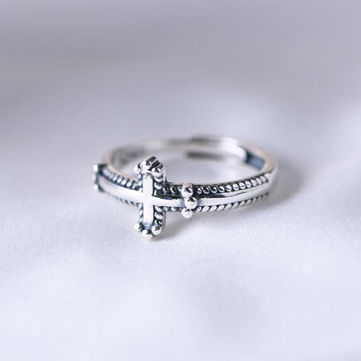 Christianartworkshop Minimalist 925 Silver Cross Ring with Ornate Rope Patterns: Enduring Symbol of Spiritual Bond - image 2