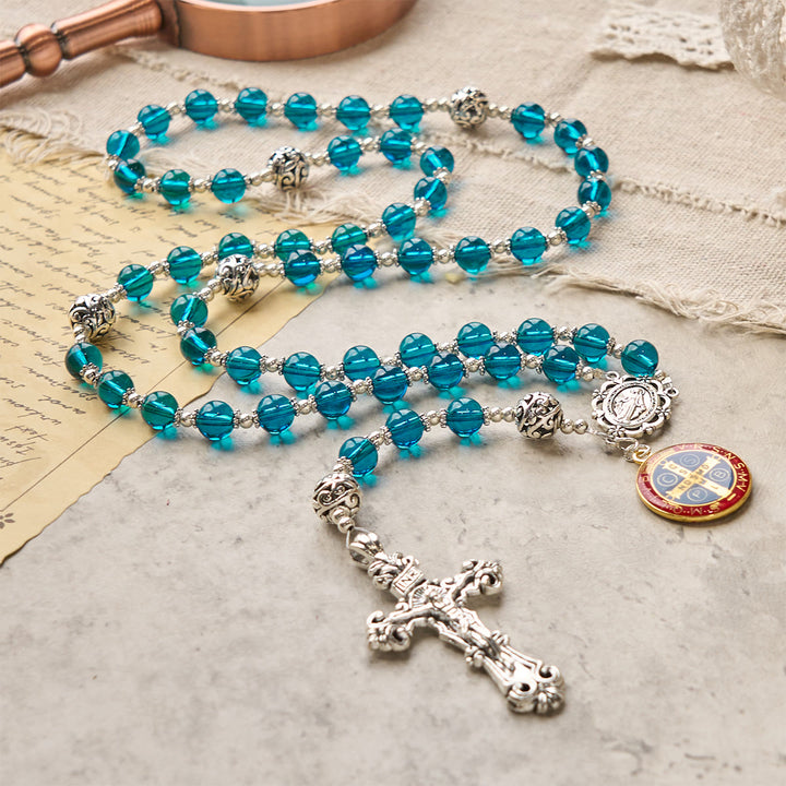 Christianartworkshop PRAYERFUL FAITH: Handmade Crucifix Clear Blue Glass Rosary with Gift Card
