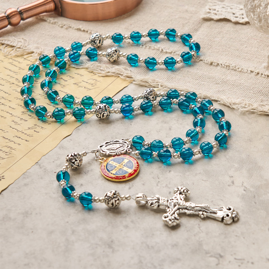 Christianartworkshop Handmade Crucifix Clear Blue Glass Rosary with Enameled St. Benedict & Miraculous Medal - image 0