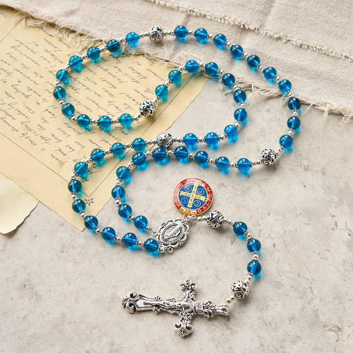 Christianartworkshop PRAYERFUL FAITH: Handmade Crucifix Clear Blue Glass Rosary with Gift Card