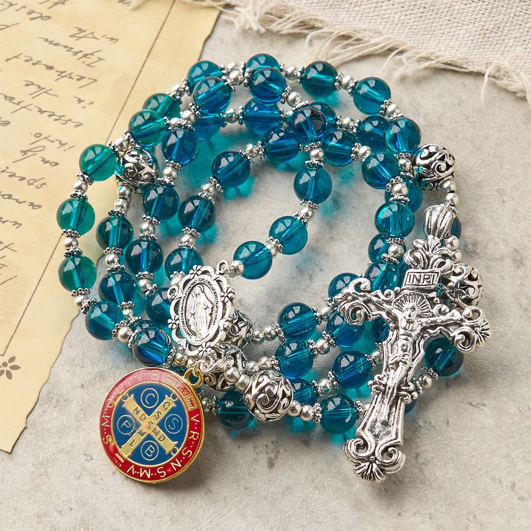 Christianartworkshop PRAYERFUL FAITH: Handmade Crucifix Clear Blue Glass Rosary with Gift Card
