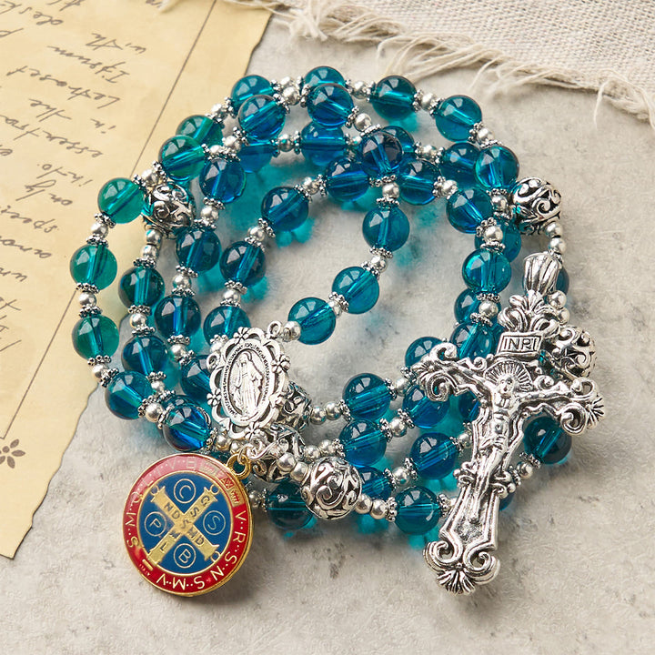 Christianartworkshop PRAYERFUL FAITH: Handmade Crucifix Clear Blue Glass Rosary with Gift Card