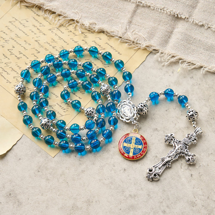 Christianartworkshop PRAYERFUL FAITH: Handmade Crucifix Clear Blue Glass Rosary with Gift Card