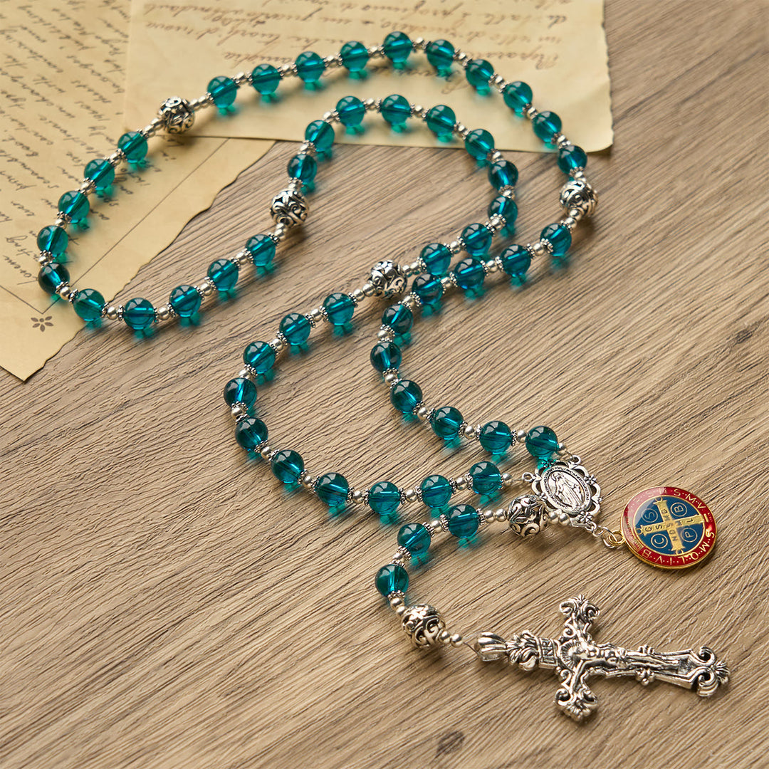 Christianartworkshop Handmade Crucifix Clear Blue Glass Rosary with Enameled St. Benedict & Miraculous Medal - image 6