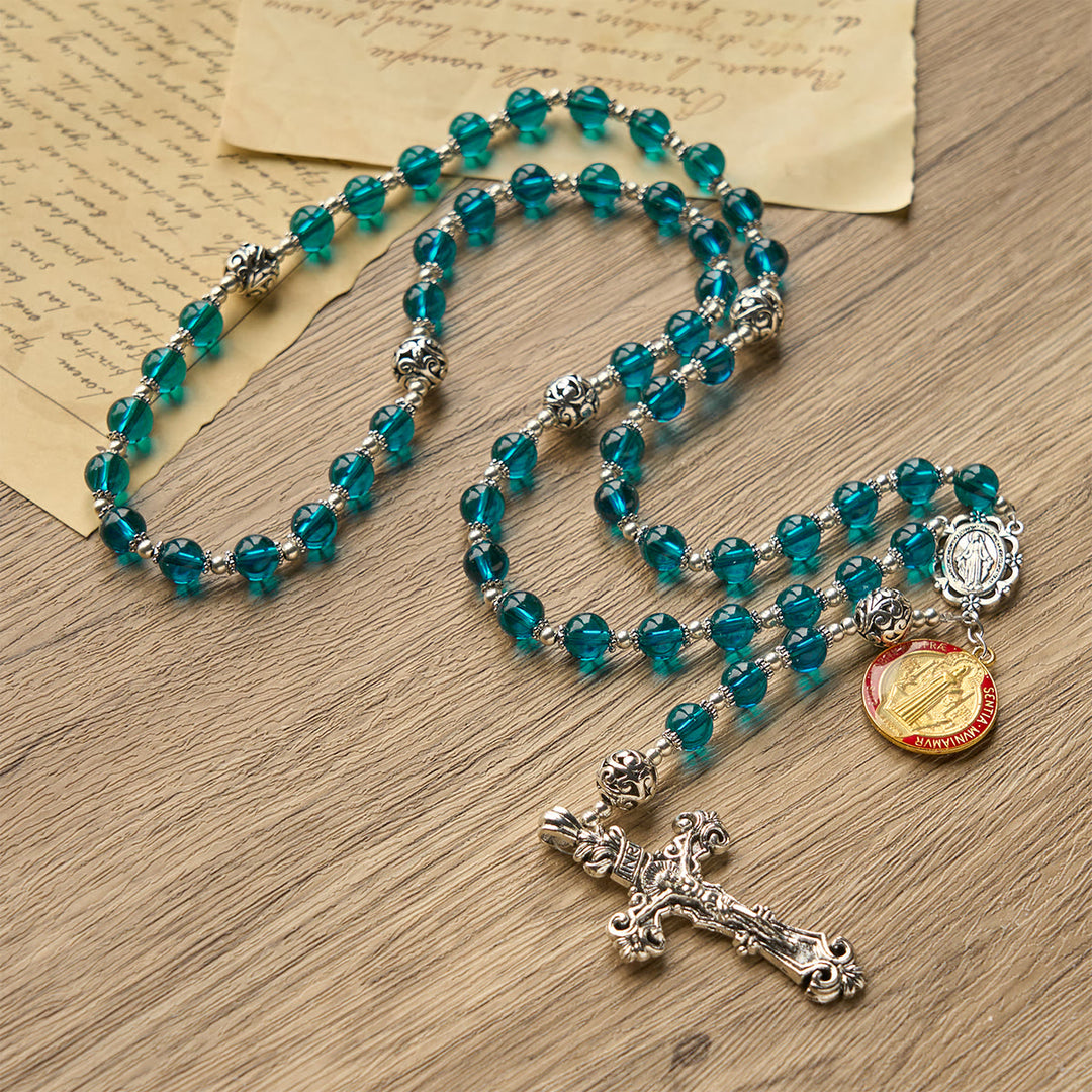 Christianartworkshop PRAYERFUL FAITH: Handmade Crucifix Clear Blue Glass Rosary with Gift Card - image 10