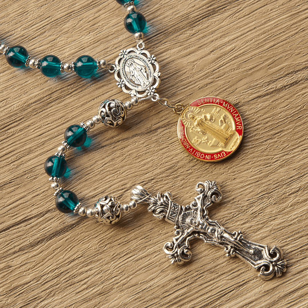 Christianartworkshop PRAYERFUL FAITH: Handmade Crucifix Clear Blue Glass Rosary with Gift Card