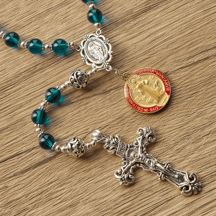 Christianartworkshop PRAYERFUL FAITH: Handmade Crucifix Clear Blue Glass Rosary with Gift Card