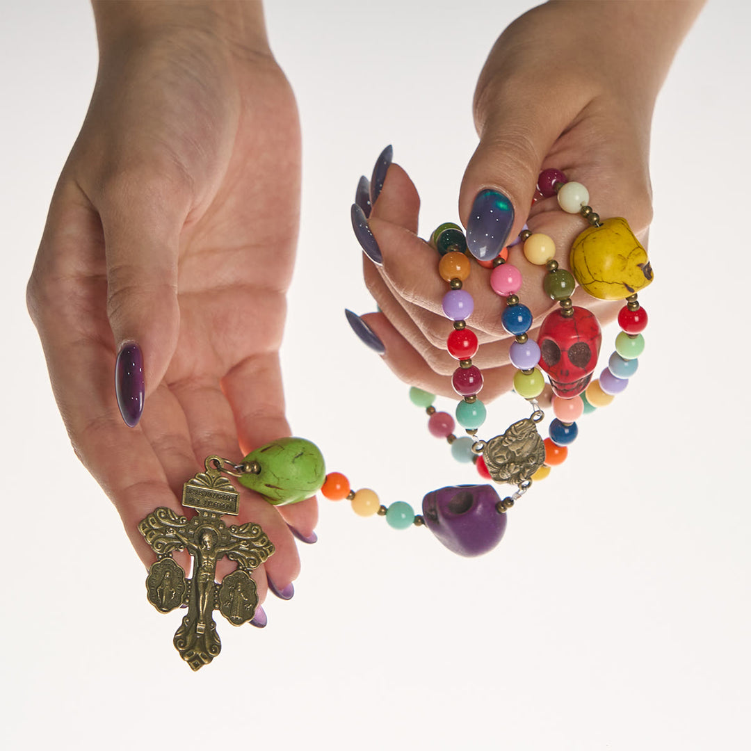 Christianartworkshop Bohemian Style Multicolored Skull Beads Rosary with Bronze Pardon Crucifix & Holy Family - image 11