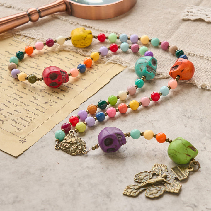 FREE Today: Bohemian Style Multicolored Skull Beads Rosary with Bronze Pardon Crucifix & Holy Family