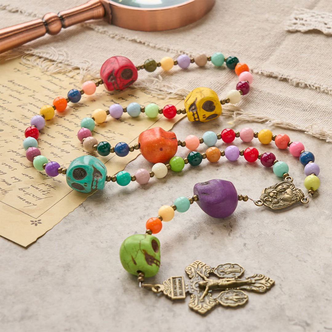 FREE Today: Bohemian Style Multicolored Skull Beads Rosary with Bronze Pardon Crucifix & Holy Family
