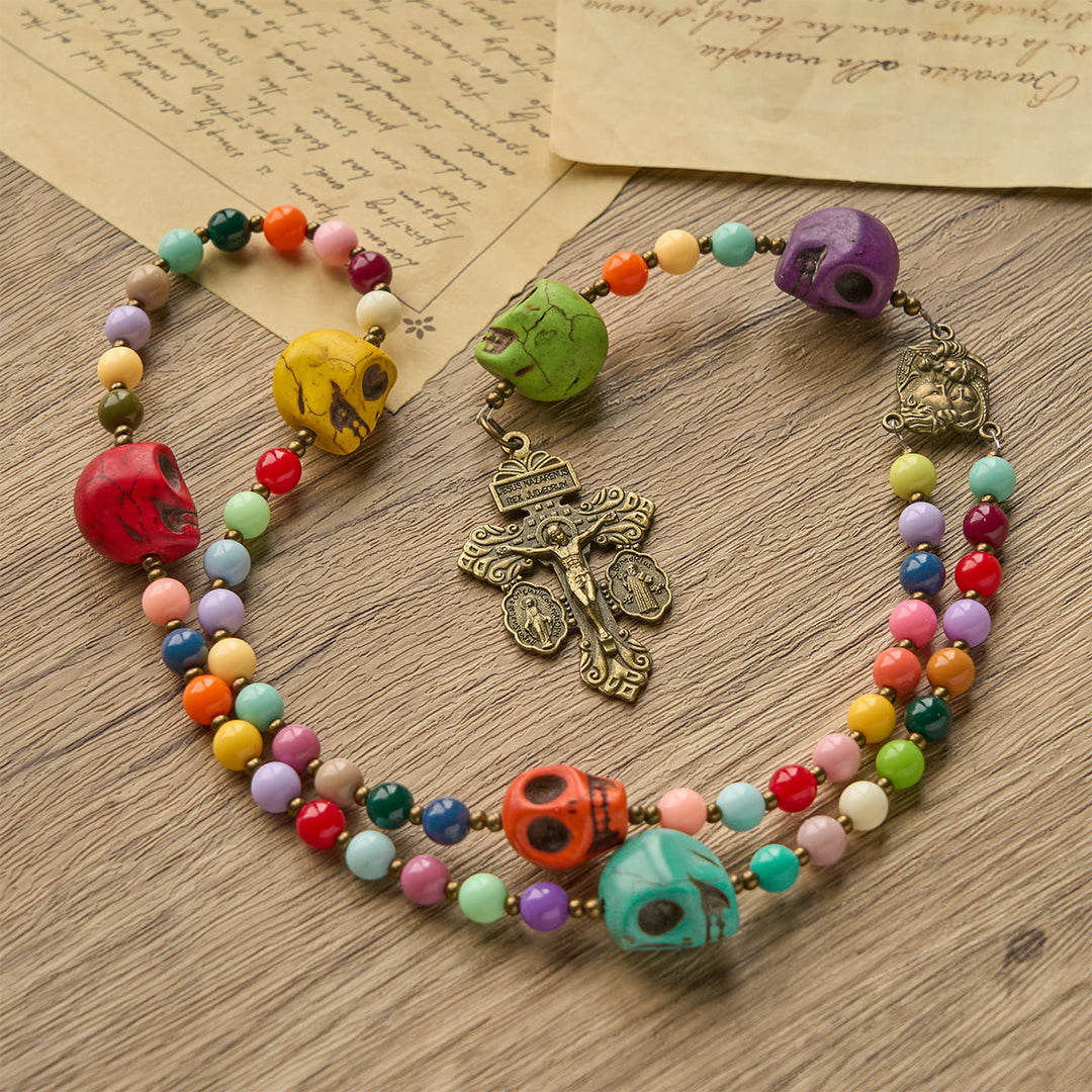 Christianartworkshop Bohemian Style Multicolored Skull Beads Rosary with Bronze Pardon Crucifix & Holy Family - image 7