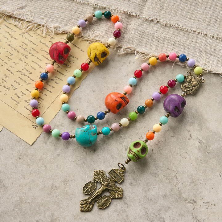 Christianartworkshop Bohemian Style Multicolored Skull Beads Rosary with Bronze Pardon Crucifix & Holy Family - Holy Family & Pardon Crucifix - image 1