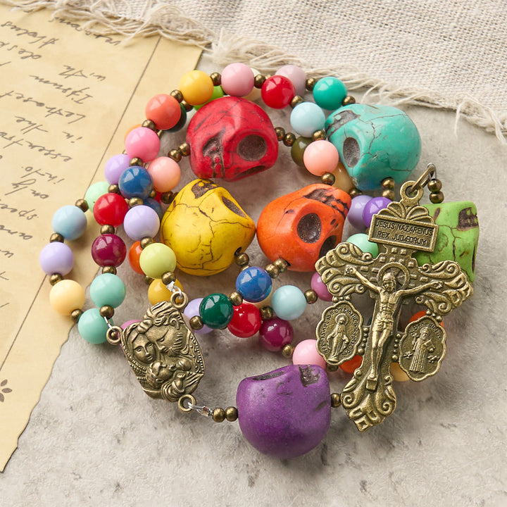 Christianartworkshop Bohemian Style Multicolored Skull Beads Rosary with Bronze Pardon Crucifix & Holy Family - image 5