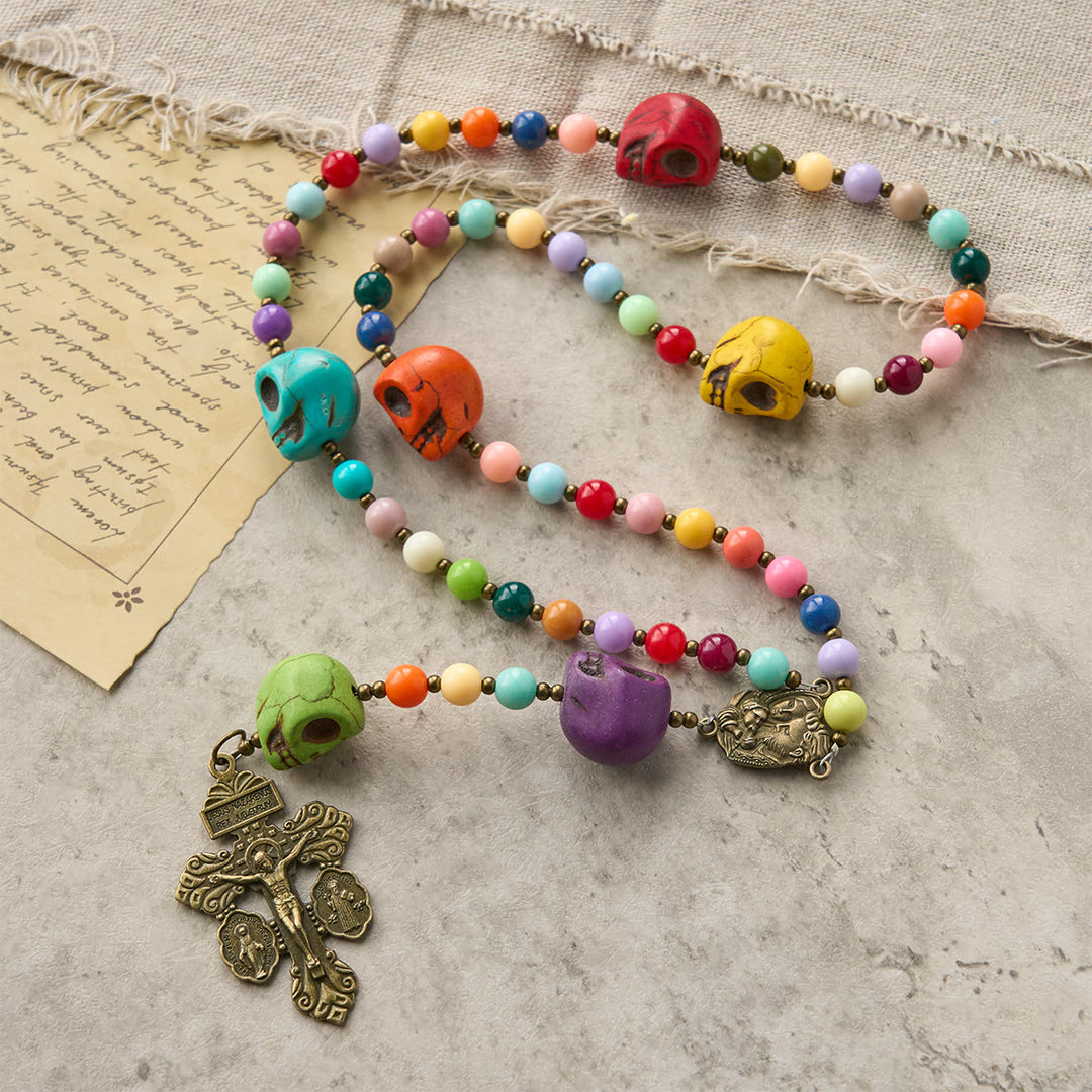 Christianartworkshop Bohemian Style Multicolored Skull Beads Rosary with Bronze Pardon Crucifix & Holy Family - image 2