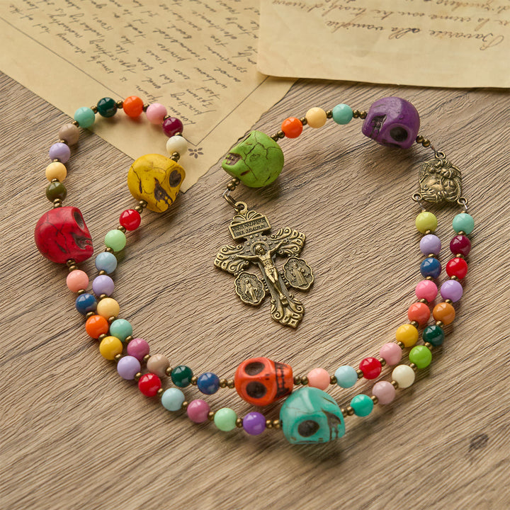 FREE Today: Bohemian Style Multicolored Skull Beads Rosary with Bronze Pardon Crucifix & Holy Family