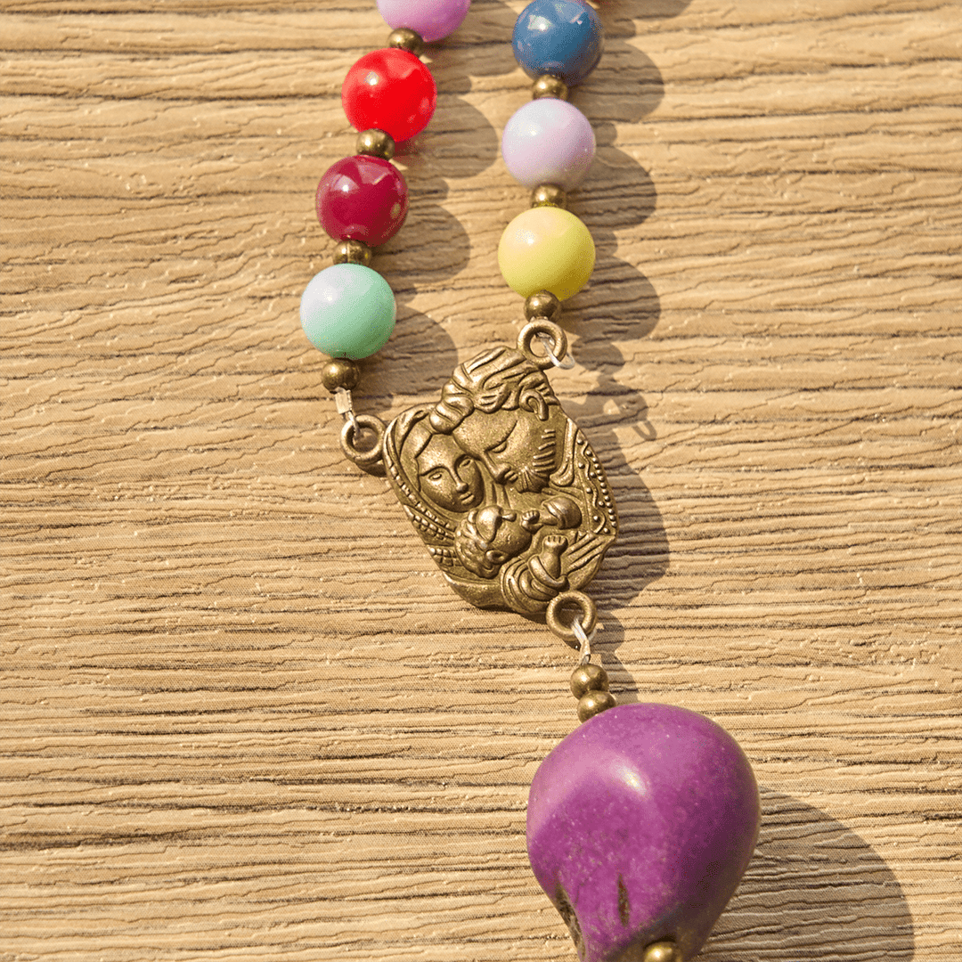 Christianartworkshop Bohemian Style Multicolored Skull Beads Rosary with Bronze Pardon Crucifix & Holy Family - image 9