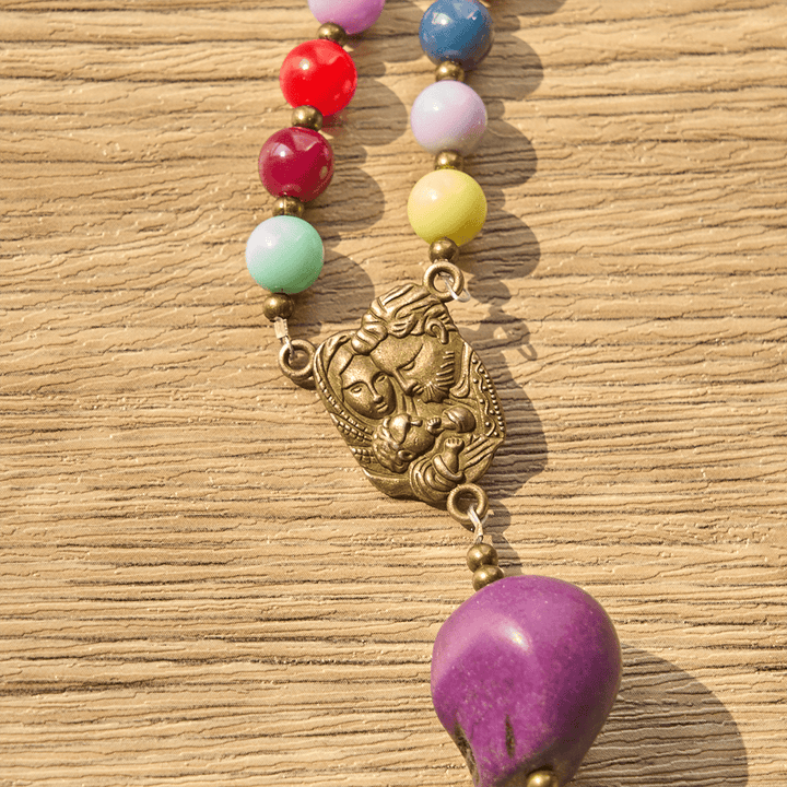 Christianartworkshop Bohemian Style Multicolored Skull Beads Rosary with Bronze Pardon Crucifix & Holy Family - image 9