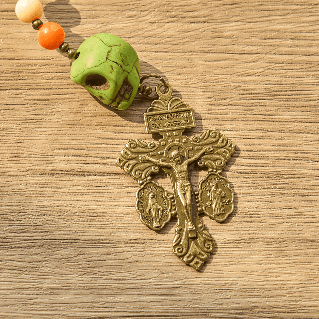 FREE Today: Bohemian Style Multicolored Skull Beads Rosary with Bronze Pardon Crucifix & Holy Family