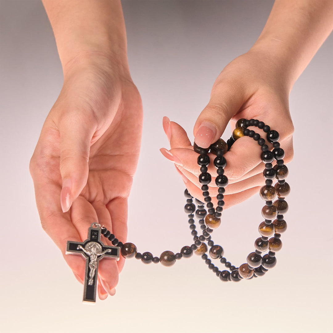 FREE Today: 10mm Tiger's Eye Stone Beads Rosary with Black Enamel Crucifix: Embrace Earthy Sacredness
