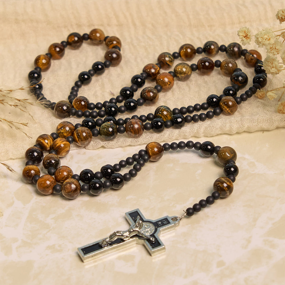 FREE Today: 10mm Tiger's Eye Stone Beads Rosary with Black Enamel Crucifix: Embrace Earthy Sacredness