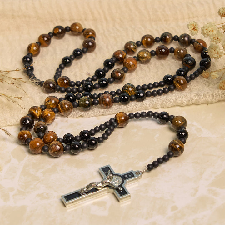 FREE Today: 10mm Tiger's Eye Stone Beads Rosary with Black Enamel Crucifix: Embrace Earthy Sacredness