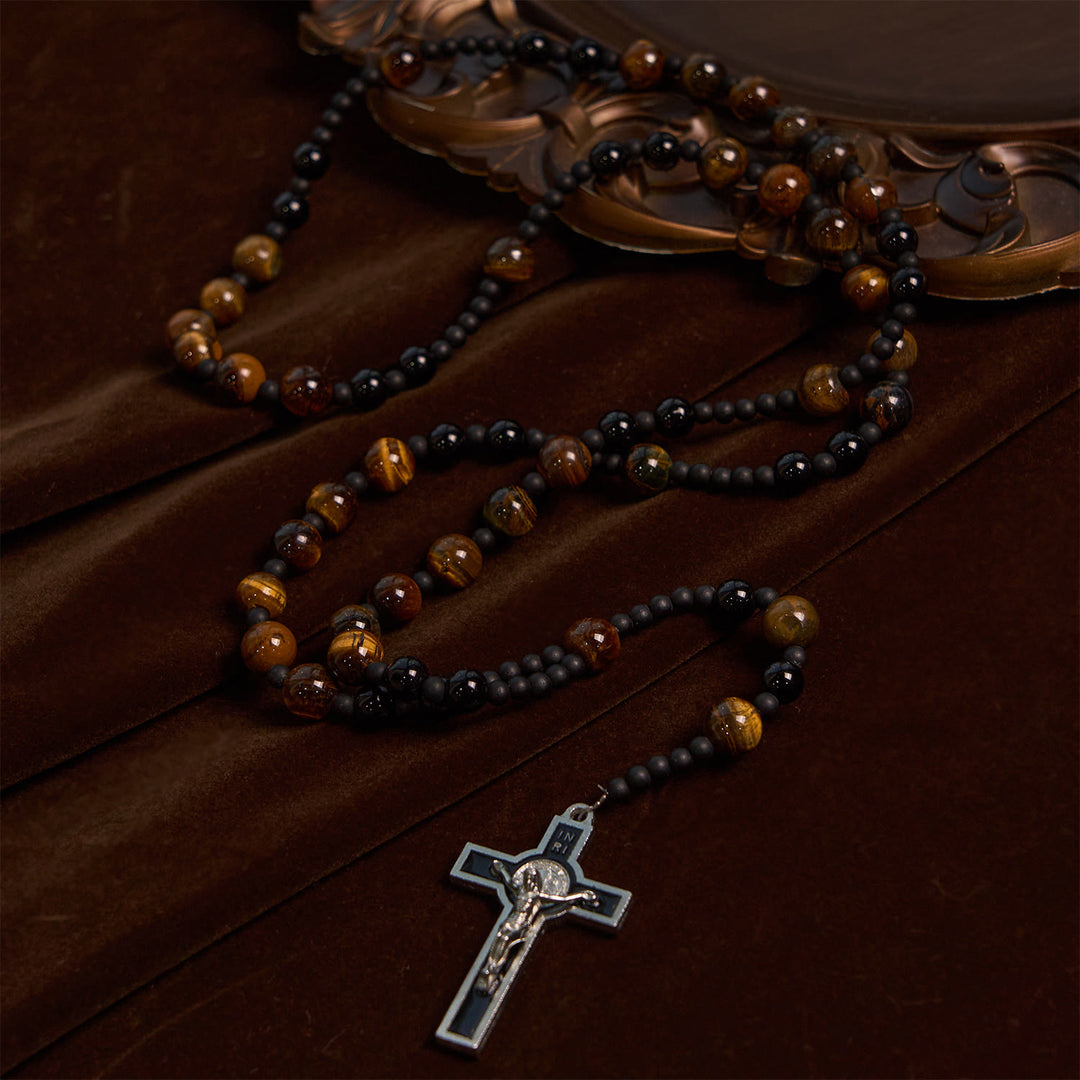 FREE Today: 10mm Tiger's Eye Stone Beads Rosary with Black Enamel Crucifix: Embrace Earthy Sacredness