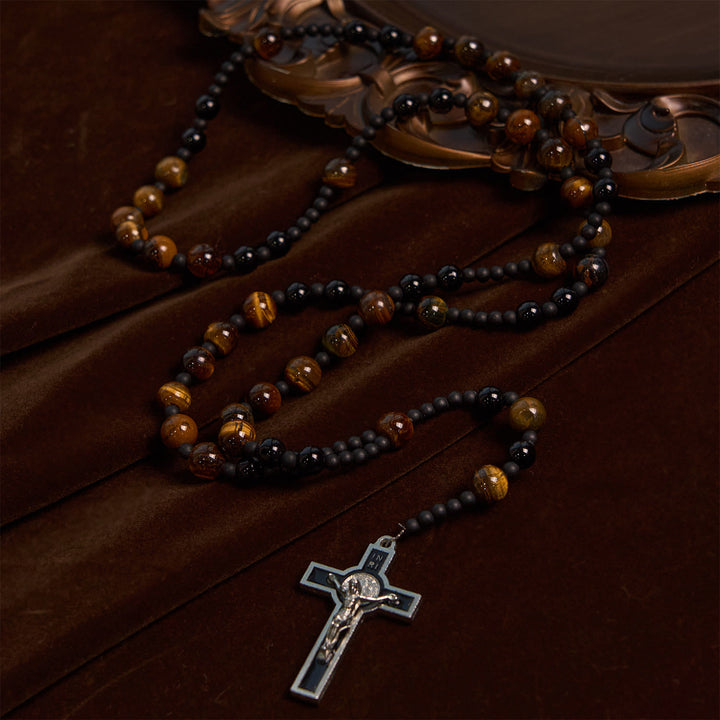 FREE Today: 10mm Tiger's Eye Stone Beads Rosary with Black Enamel Crucifix: Embrace Earthy Sacredness